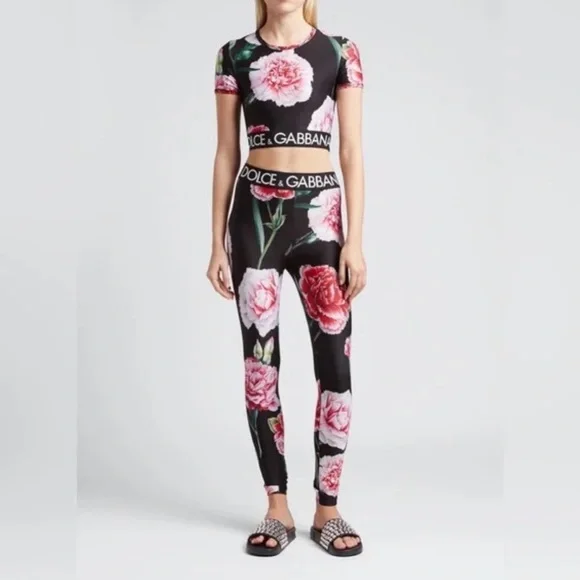 Dolce & Gabbana Black and Pink Rose Leggings - Picture 1 of 4